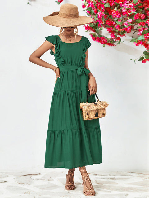 Tie Belt Ruffled Tiered Dress Trendsi