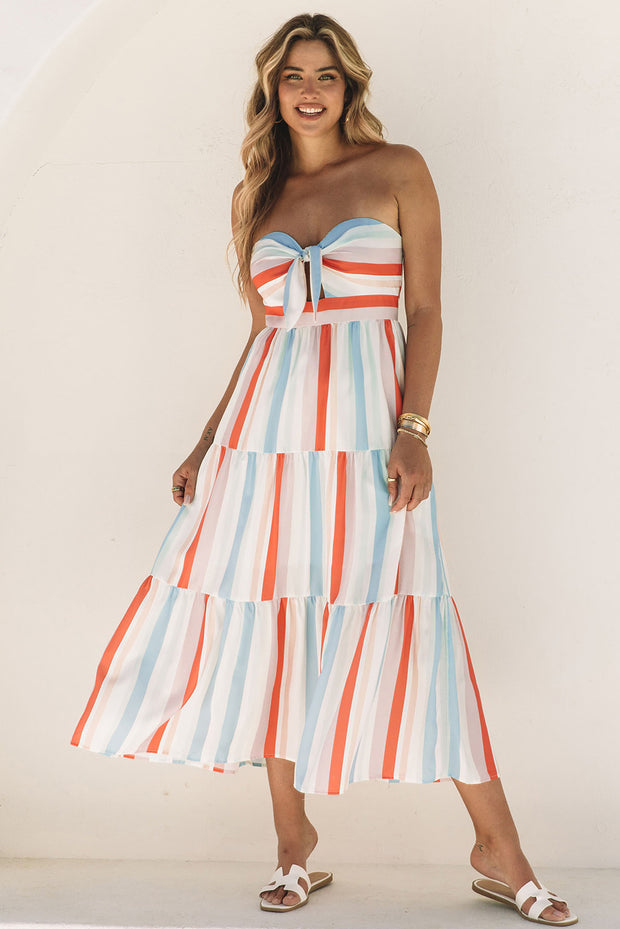 Striped Strapless Sweetheart Neck Dress Trendsi