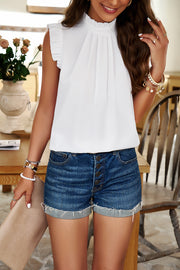 Frill Ruched Mock Neck Sleeveless Blouse Trendsi