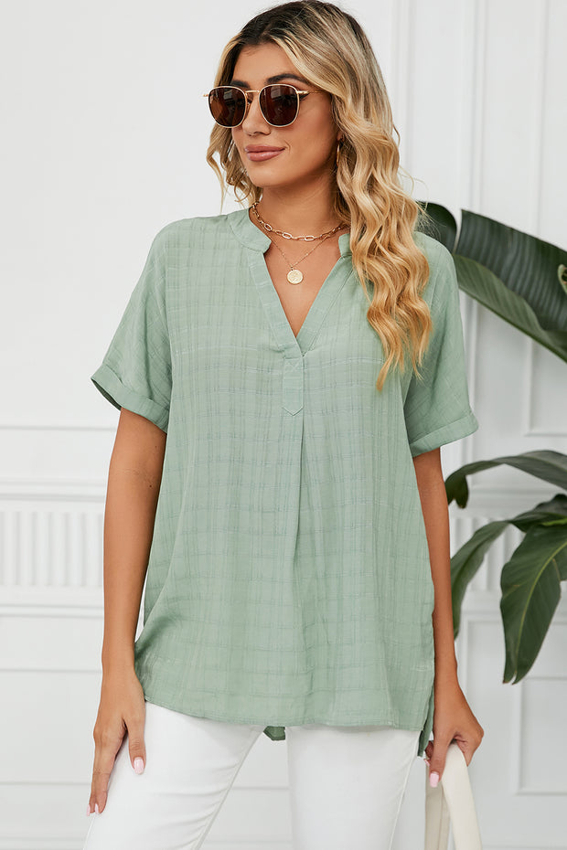 Ruched Notched Short Sleeve Blouse Trendsi