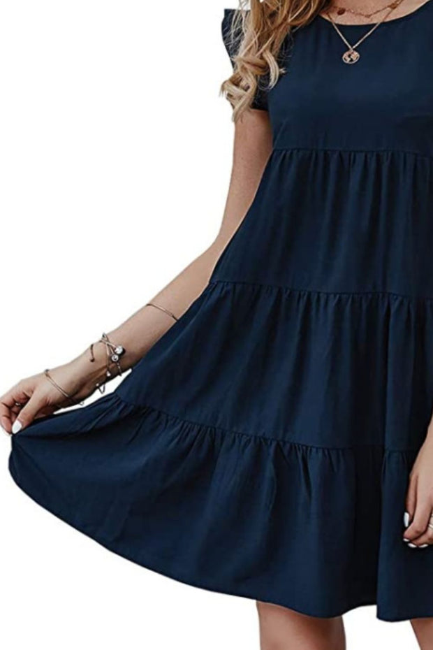 Ruffled Round Neck Cap Sleeve Mini Dress Trendsi