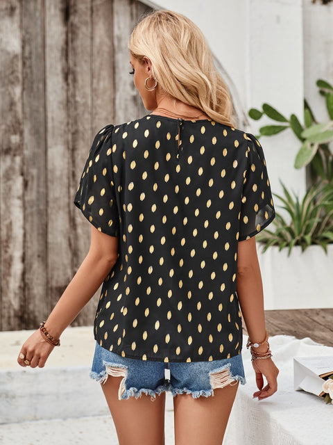 Printed Round Neck Petal Sleeve Blouse Trendsi