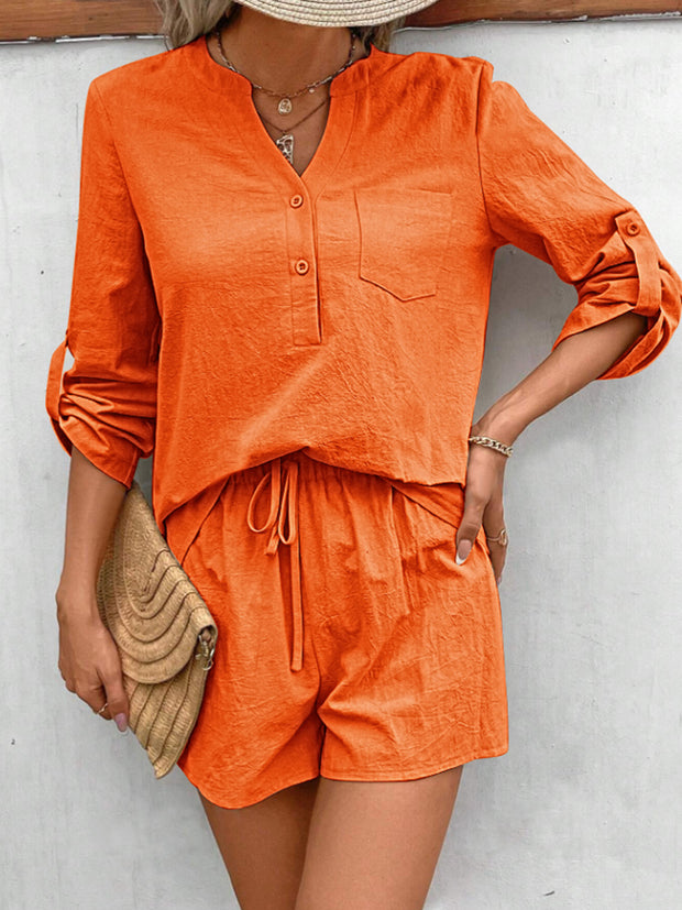 Notched Long Sleeve Top and Shorts Set Trendsi