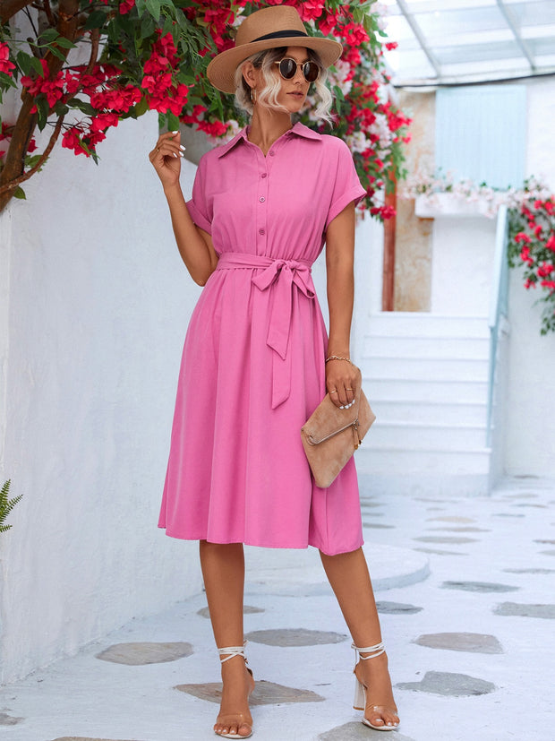 Buttoned Tie Waist Short Sleeve Dress Trendsi