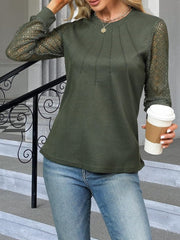 Waffle-Knit Round Neck Long Sleeve Blouse Trendsi