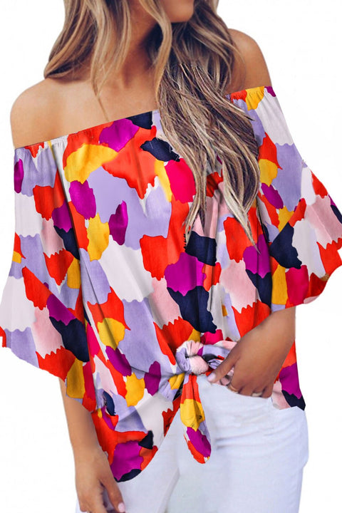 Tied Printed Off-Shoulder Half Sleeve Blouse Trendsi