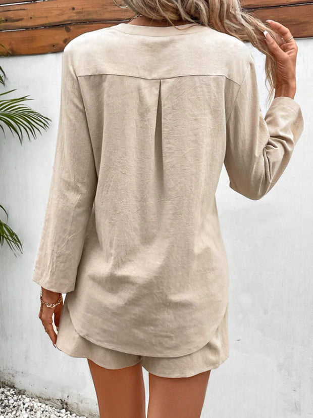 Notched Long Sleeve Top and Shorts Set Trendsi