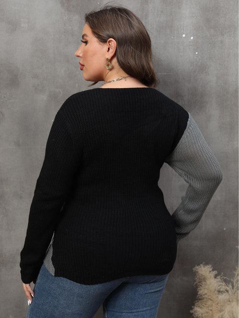 Plus Size Two-Tone Surplice Neck Sweater Trendsi