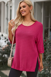 Round Neck Dropped Shoulder Side Slit Pullover Sweater