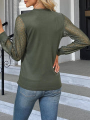 Waffle-Knit Round Neck Long Sleeve Blouse Trendsi