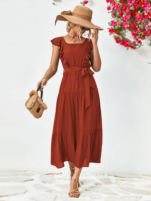 Tie Belt Ruffled Tiered Dress Trendsi