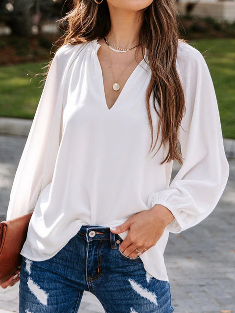 Notched Neck Long Sleeve Blouse Trendsi