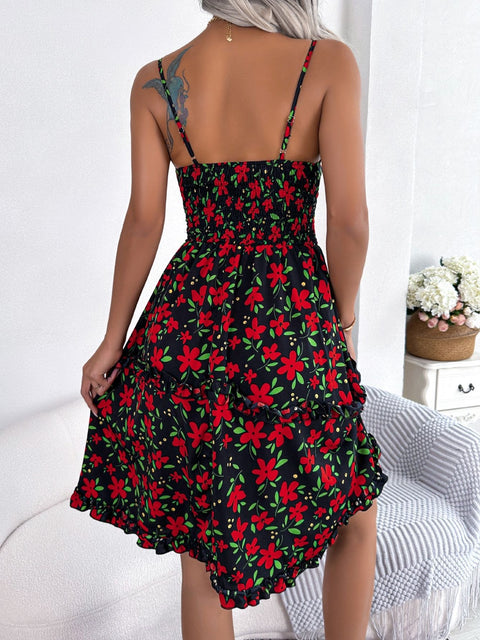 Printed Plunge Cap Sleeve Cami Dress Trendsi