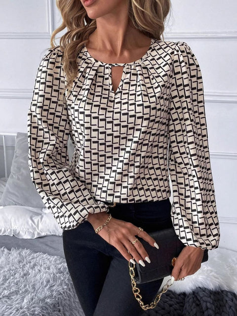 Cutout Printed Long Sleeve Blouse Trendsi