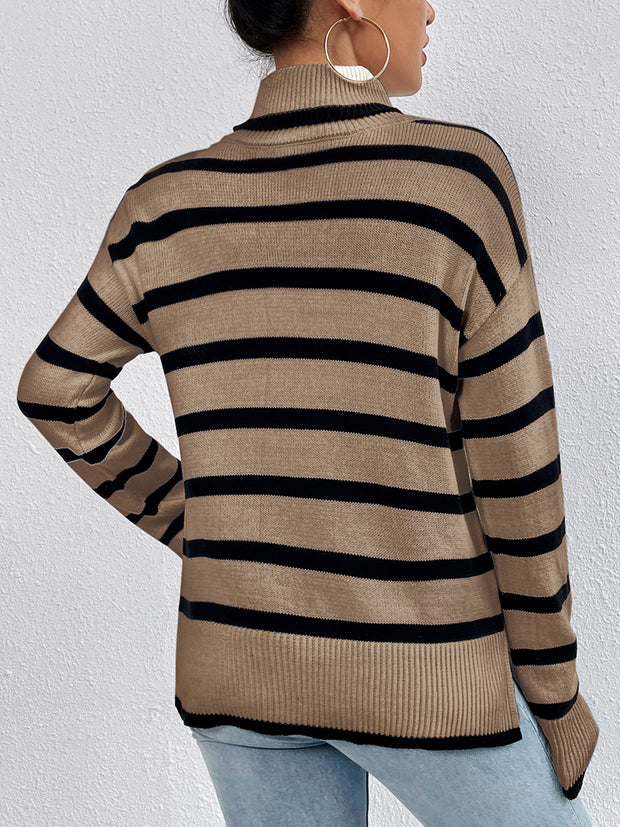 Striped Turtleneck Long Sleeve Sweater Trendsi