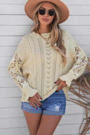 Openwork Lantern Sleeve Dropped Shoulder Sweater Trendsi