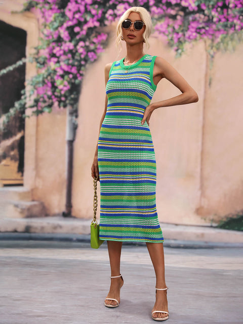 Striped Round Neck Sleeveless Midi Cover Up Dress Trendsi