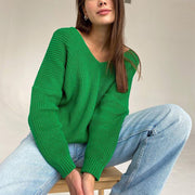 V-Neck Dropped Shoulder Long Sleeve Sweater Trendsi