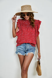 Ruffled Ditsy Floral Mock Neck Cap Sleeve Blouse Trendsi