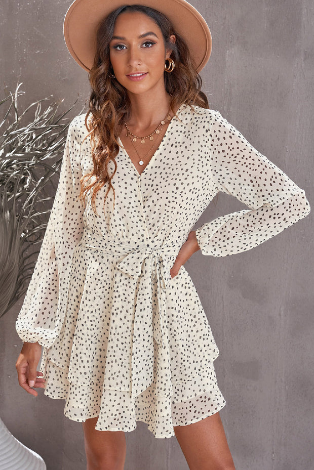 Tied Polka Dot Balloon Sleeve Layered Dress Trendsi