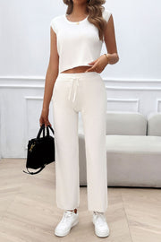 Ribbed Round Neck Top and Pants Set Trendsi