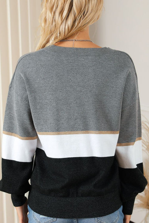 Striped V-Neck Long Sleeve Sweater Trendsi