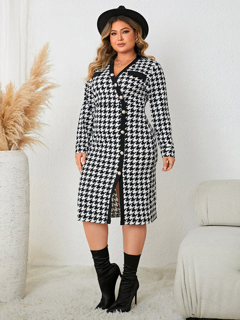 Plus Size Houndstooth Long Sleeve Slit Dress Trendsi