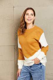 Woven Right Two-Tone Openwork Rib-Knit Sweater Trendsi