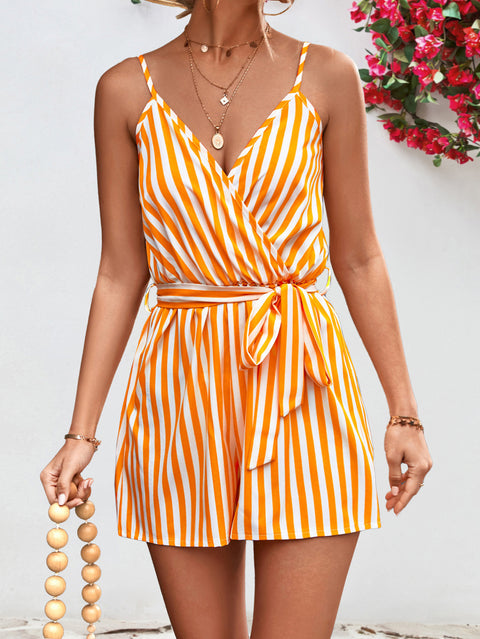 Striped Tie Waist Spaghetti Strap Romper Trendsi