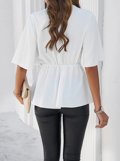 Surplice Tie Waist Half Sleeve Blouse Trendsi