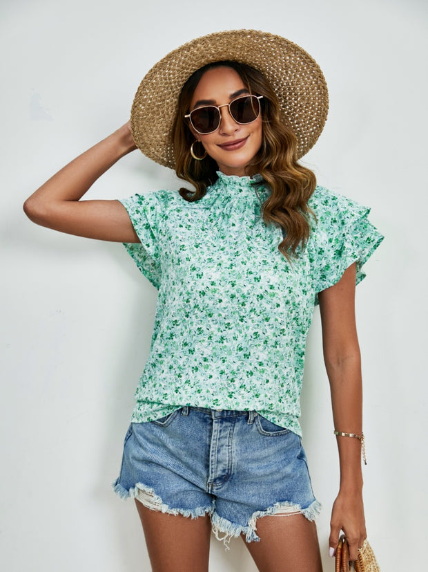 Ditsy Floral Mock Neck Flounce Sleeve Blouse Trendsi