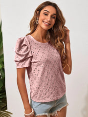 Eyelet Round Neck Puff Sleeve Blouse Trendsi