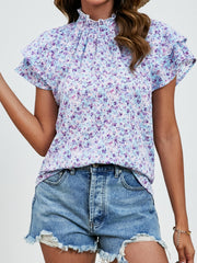 Ditsy Floral Mock Neck Flounce Sleeve Blouse Trendsi