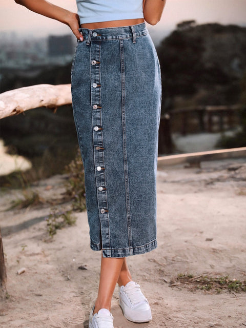 Button Down Denim Skirt Trendsi