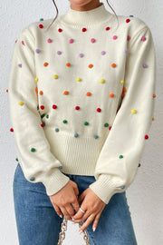 Pom-Pom Trim Mock Neck Long Sleeve Pullover Sweater Trendsi