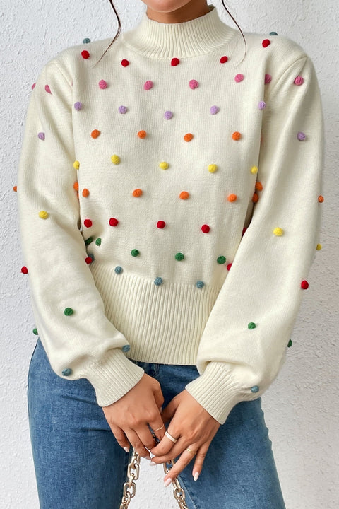 Pom-Pom Trim Mock Neck Long Sleeve Pullover Sweater Trendsi