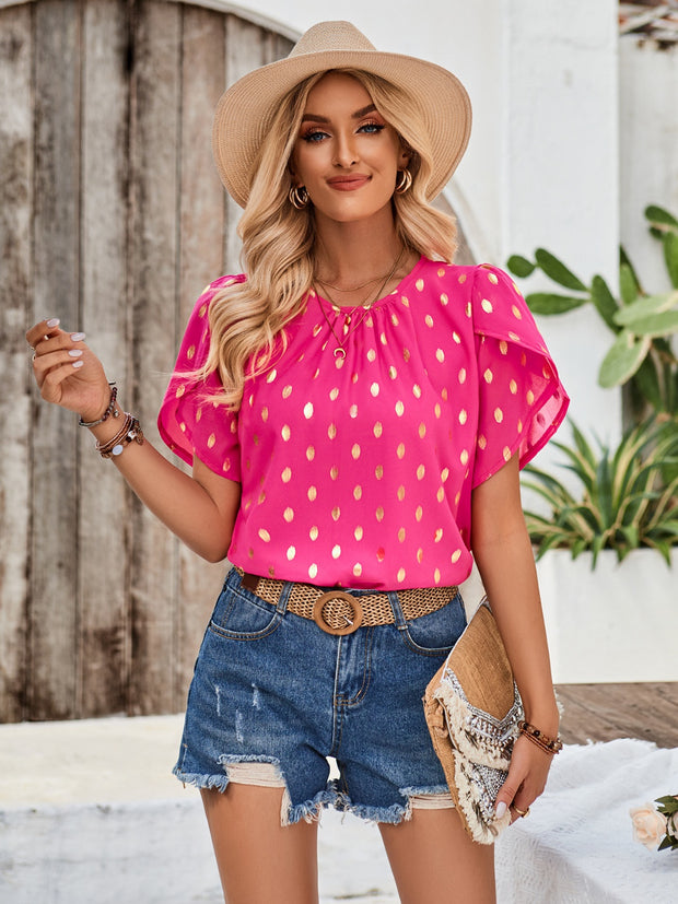 Printed Round Neck Petal Sleeve Blouse Trendsi