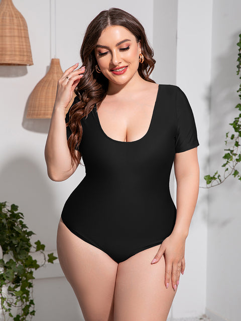 Plus Size Scoop Neck Short Sleeve One-Piece Swimsuit Trendsi