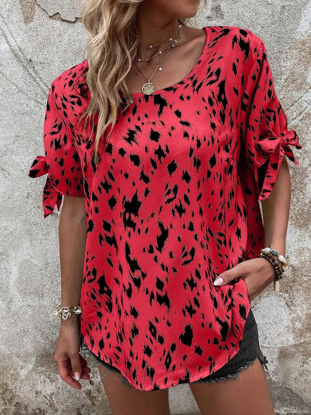 Tied Printed Boat Neck Blouse Trendsi