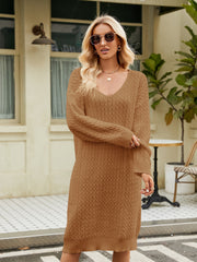 V-Neck Long Sleeve Sweater Dress