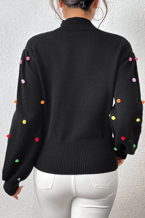 Pom-Pom Trim Mock Neck Long Sleeve Pullover Sweater Trendsi