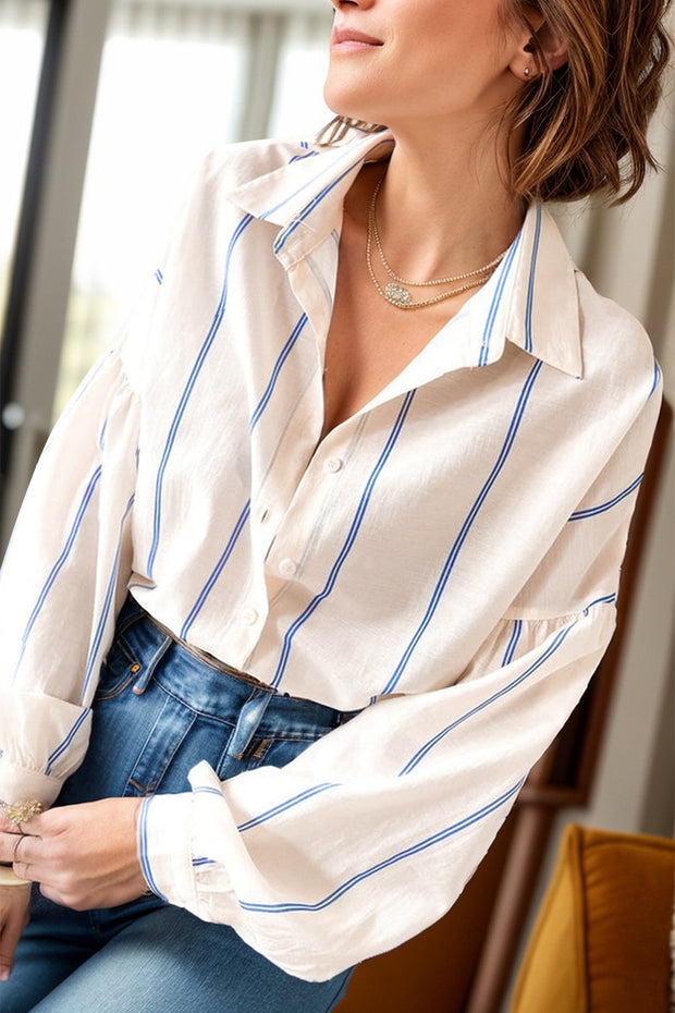 Striped Collared Neck Long Sleeve Shirt Trendsi