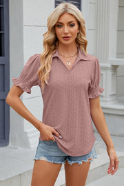 Eyelet Johnny Collar Short Sleeve Blouse Trendsi