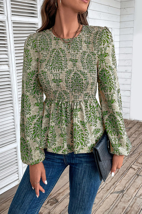 Smocked Printed Balloon Sleeve Blouse Trendsi