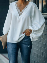 Lace Detail V-Neck Long Sleeve Blouse Trendsi