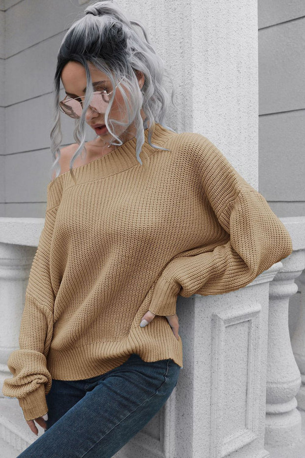 Off-Shoulder Ribbed Long Sleeve Pullover Sweater Trendsi