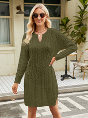 Notched Neck Cable-Knit Slit Sweater Dress Trendsi