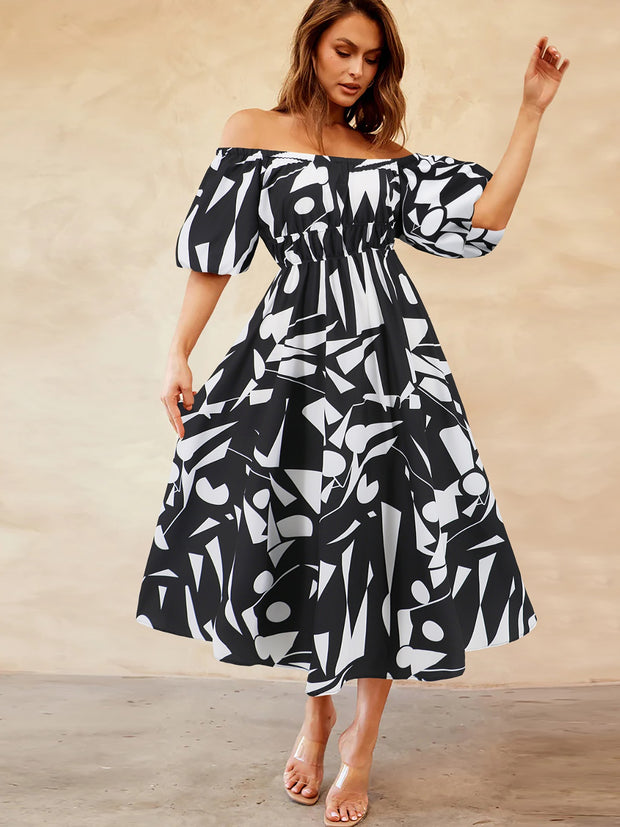 Printed Off-Shoulder Balloon Sleeve Dress Trendsi