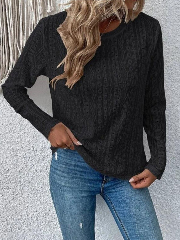 Eyelet Round Neck Long Sleeve Blouse