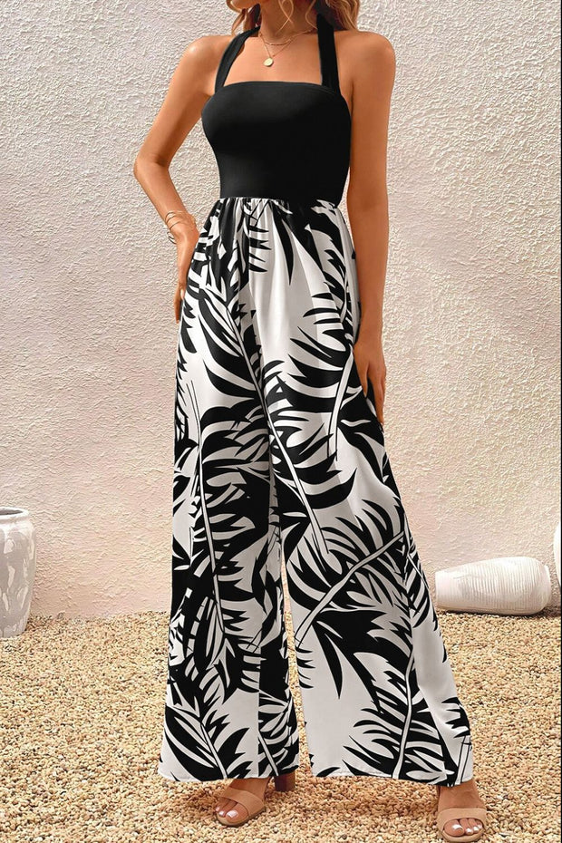 Printed Halter Wide Leg Jumpsuit Trendsi